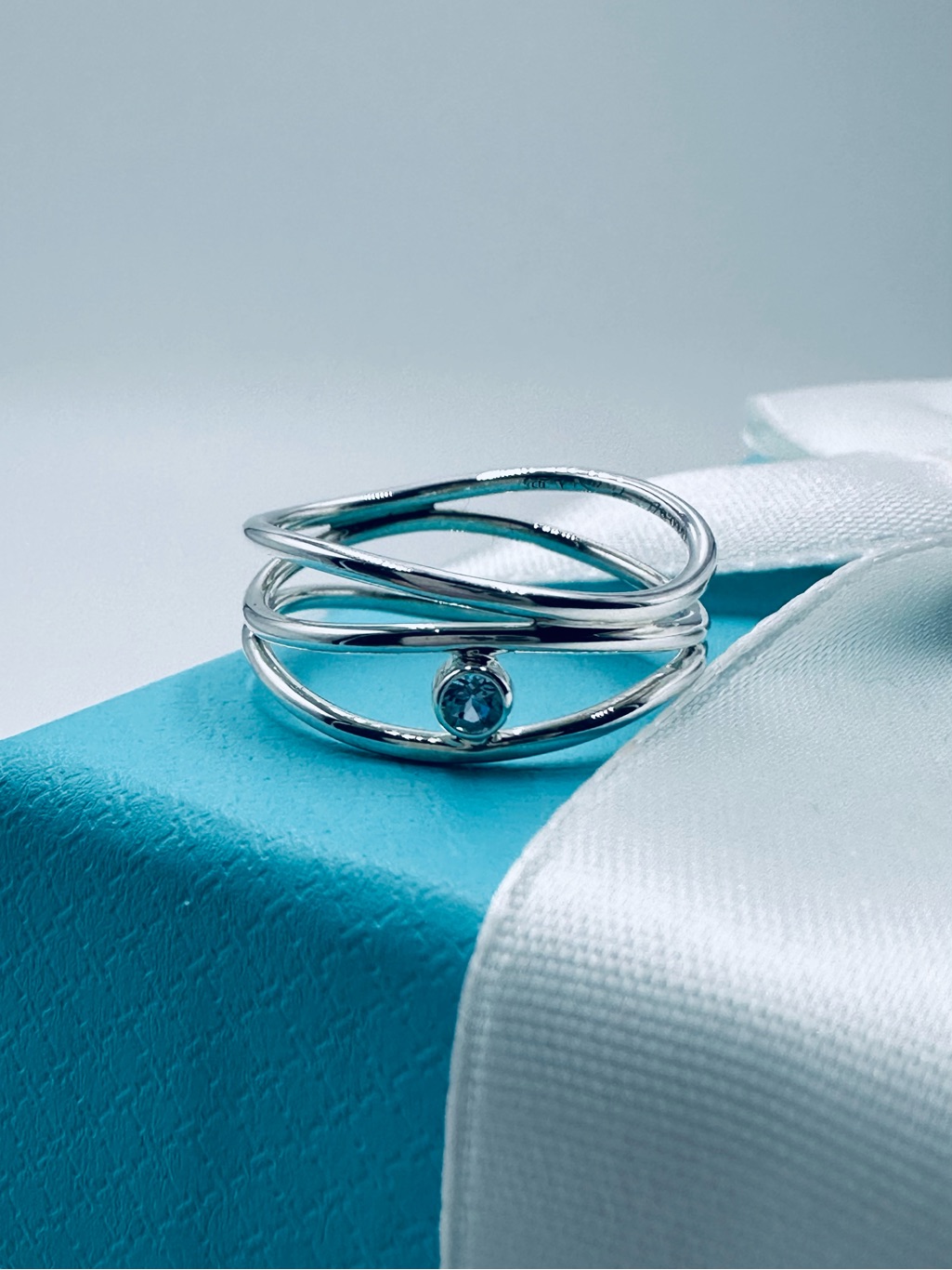 Tiffany & Co. Aquamarine Sterling Silver Three Row Wave Ring With Packaging